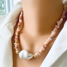 Load image into Gallery viewer, Pink Opal Chips and Large Freshwater Baroque Pearl Necklace with Gold Filled Beads & Closure, 18.5"inch