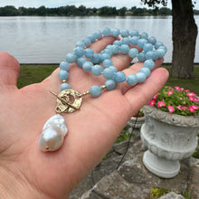Carica l'immagine nel visualizzatore di Gallery, Aquamarine Necklace w Freshwater, Baroque Pearl, Artisan Gold Bronze & Gold Filled components 20.5"inches