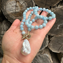 Carica l'immagine nel visualizzatore di Gallery, Aquamarine Necklace w Freshwater, Baroque Pearl, Artisan Gold Bronze & Gold Filled components 20.5"inches