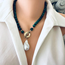 Load image into Gallery viewer, Green Malachite toggle necklace with large baroque pearl pendant. Artisan gold bronze and gold filled components. 19"inches long