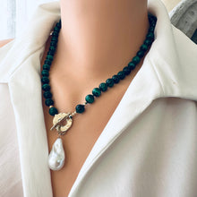 Load image into Gallery viewer, Green Malachite toggle necklace with large baroque pearl pendant. Artisan gold bronze and gold filled components. 19"inches long