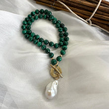Load image into Gallery viewer, Green Malachite toggle necklace with large baroque pearl pendant. Artisan gold bronze and gold filled components. 19"inches long