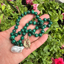 Load image into Gallery viewer, Green Malachite toggle necklace with large baroque pearl pendant. Artisan gold bronze and gold filled components. 19"inches long