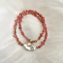 Load image into Gallery viewer, Pink Rhodochrosite Nuggets and Freshwater Baroque Pearl Short Necklace with Gold Filled Details