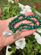 Load image into Gallery viewer, Green Malachite toggle necklace with large baroque pearl pendant. Artisan gold bronze and gold filled components. 19"inches long