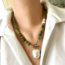 Carica l'immagine nel visualizzatore di Gallery, Olive Green Jade & Baroque Pearls Beaded Necklace, Gold Bronze, 20"inches