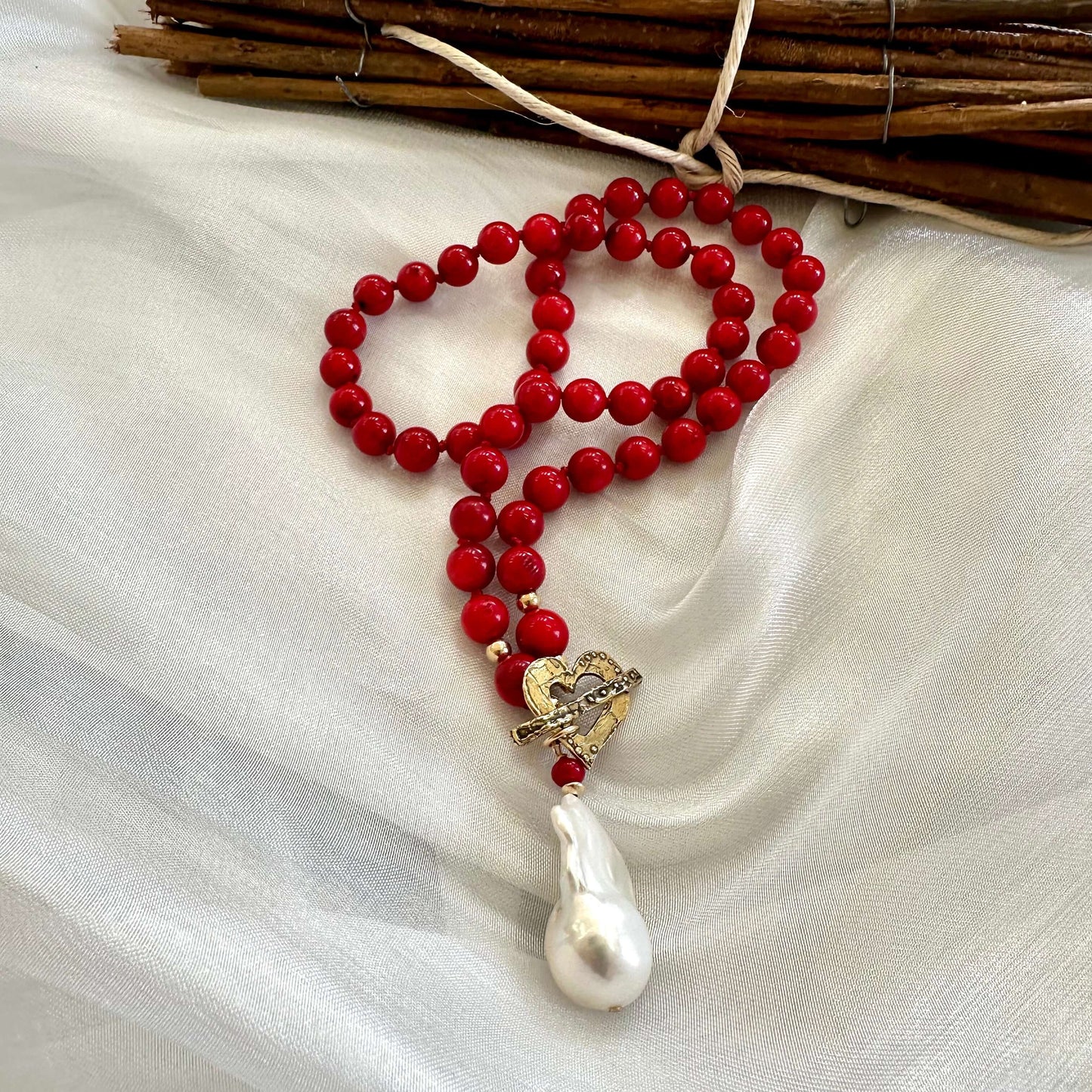 Red Bamboo Coral & White Baroque Pearl Toggle Necklace
