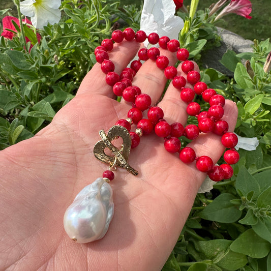 LIVE #7 - Red Bamboo Coral & White Baroque Pearl Toggle Necklace