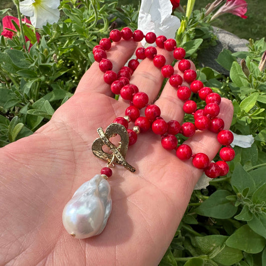 Red Bamboo Coral & White Baroque Pearl Toggle Necklace