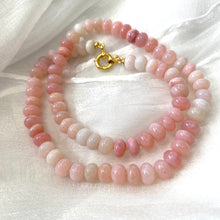 Load image into Gallery viewer, Shaded pink smooth opal candy necklace with gold vermeil plated sterling silver marine closure, measuring 18.5 inches. This modern opal jewelry piece features soft pink tones and is a perfect gift for her.
