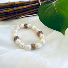 Load image into Gallery viewer, White Pearl Stretch Bracelet, Golden Rhinestones