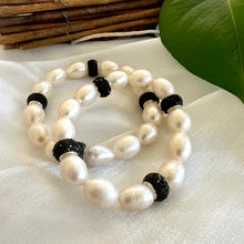 Load image into Gallery viewer, White Pearl Stretch Bracelet & Black Rhinestones