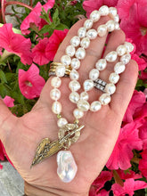 Load image into Gallery viewer, Pearl Toggle Necklace & Artisan Gold Bronze Stitched Heart Pendant