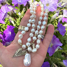 Load image into Gallery viewer, Pearl Toggle Necklace & Artisan Gold Bronze Stitched Heart Pendant