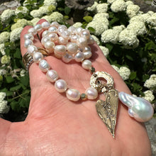 Load image into Gallery viewer, Pearl Toggle Necklace & Artisan Gold Bronze Stitched Heart Pendant