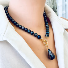 Load image into Gallery viewer, Black Pearl Necklace with Removable Black Baroque Pearl Pendant, Gold Vermeil Plated Silver,17.5"in