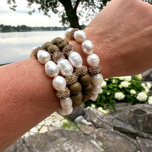Load image into Gallery viewer, White Pearl Stretch Bracelet, Golden Rhinestones