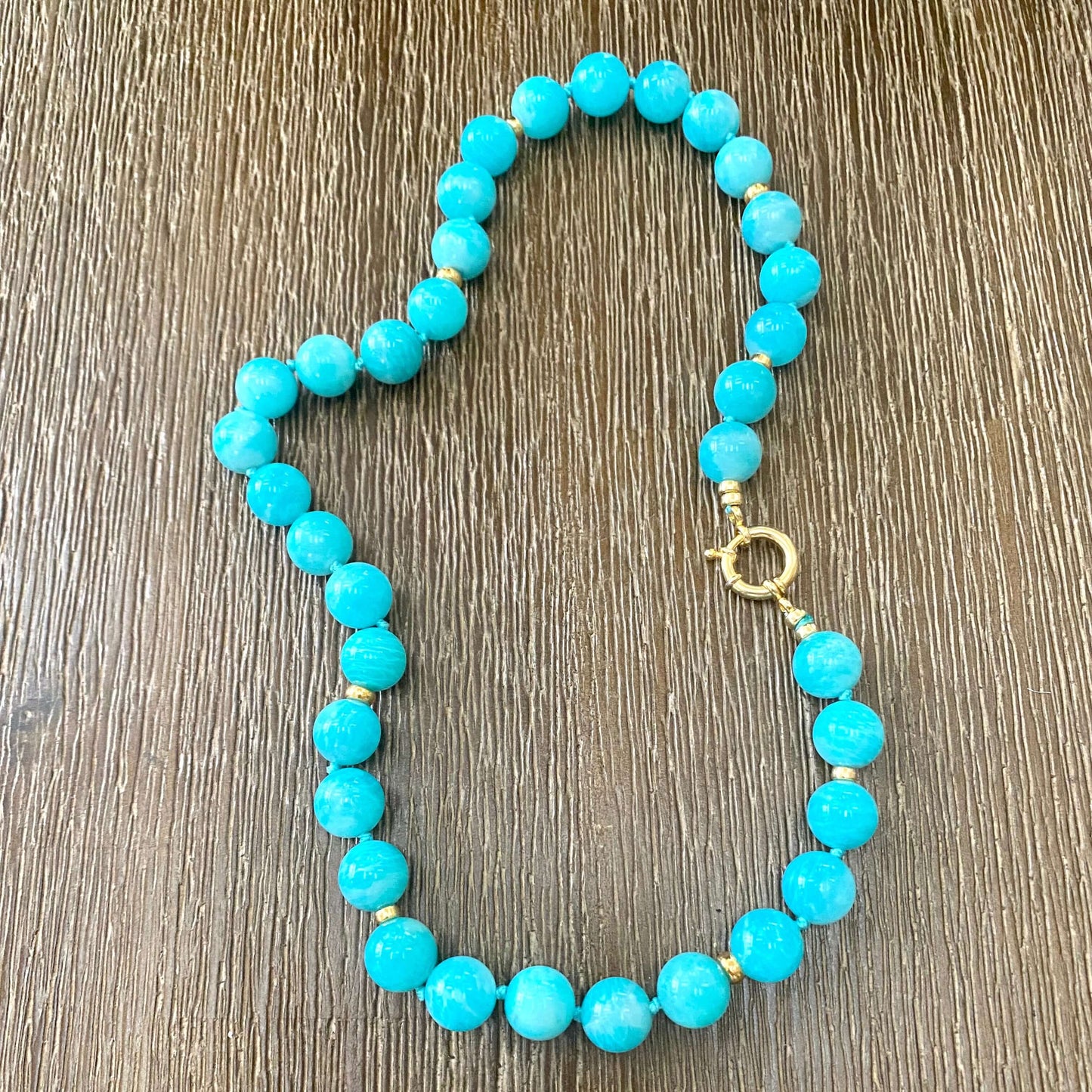 Blue Amazonite Beaded Necklace – Handmade in Canada with large vibrant blue beads.