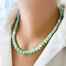 Load image into Gallery viewer, Bright green opal candy necklace with gold vermeil plated sterling silver push lock closure, allowing you to add any pendant, measuring 18.5-19 inches. This modern opal jewelry piece features soft parrot green tones and is a perfect gift for her.
