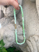 Load image into Gallery viewer, Bright green opal candy necklace with gold vermeil plated sterling silver push lock closure, allowing you to add any pendant, measuring 18.5-19 inches. This modern opal jewelry piece features soft parrot green tones and is a perfect gift for her.