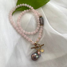 Load image into Gallery viewer, Rose Quartz Toggle Necklace & Black Baroque Pearl Pendant