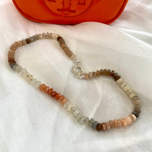 Load image into Gallery viewer, Hand-knotted candy choker necklace featuring 6mm faceted moonstone, labradorite, and sunstone beads, with a sterling silver marine clasp. The necklace measures 16 inches and offers a colorful and elegant design.