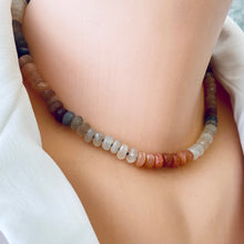 Load image into Gallery viewer, Hand-knotted candy choker necklace featuring 6mm faceted moonstone, labradorite, and sunstone beads, with a sterling silver marine clasp. The necklace measures 16 inches and offers a colorful and elegant design.
