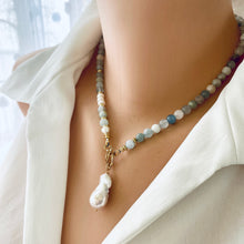Load image into Gallery viewer, Shaded Blue Aquamarine Beads 6mm & Pearl Toggle Necklace featuring a stunning Baroque Pearl Pendant. Gold Vermeil Plated Silver Details. A perfect gift for March birthdays or any special occasion, measures 17.5-18 inches