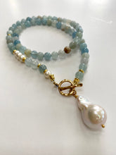 Load image into Gallery viewer, Aquamarine & Pearl Beaded Necklace, Baroque Pearl Pendant, Gold Vermeil Plated Silver Details, March Birthstone, 17.5"-18"inches