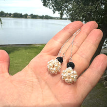 Load image into Gallery viewer, Freshwater pearl ball threader earrings featuring white ball pearls with black rhinestone pave polymer clay accents on top. The earrings are silver, long, and elegant, with a minimalist design that threads through the ear for a modern look