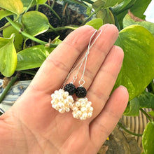 Load image into Gallery viewer, Freshwater pearl ball threader earrings featuring white ball pearls with black rhinestone pave polymer clay accents on top. The earrings are silver, long, and elegant, with a minimalist design that threads through the ear for a modern look