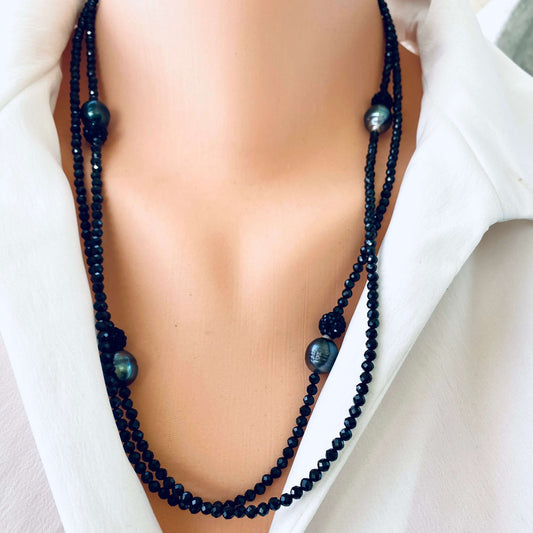 Black spinel pearl necklace on mannequin showing Tahitian baroque pearls