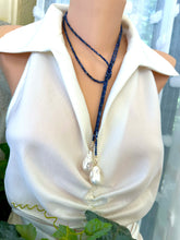 Load image into Gallery viewer, Single Strand of Blue Sodalite faceted Beads 3mm & one white Baroque Pearl on each end. Versatile Lariat Wrap Necklace, 47"inches long