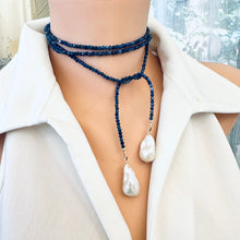 Load image into Gallery viewer, Single Strand of Blue Sodalite faceted Beads 3mm & Two white Baroque Pearls Lariat Wrap Necklace, 47"inches long