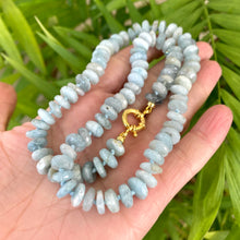 Load image into Gallery viewer, Hand-knotted candy necklace featuring faceted aquamarine rondelle beads with a gold vermeil plated silver marine closure. Available in 18.5 or 21.5 inches, this elegant piece is a perfect March birthstone gift for her.