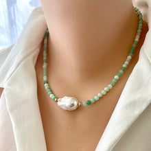 Load image into Gallery viewer, Stunning shaded light green Necklace featuring faceted Chrysoprase round beads and a Large White Baroque Pearl centerpiece. A beautiful Gift For Her. Crafted with gold filled, the necklace measures 17.5 inches in length