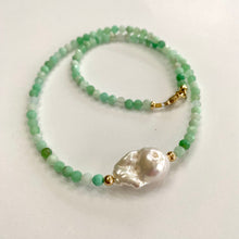 Load image into Gallery viewer, Stunning shaded light green Necklace featuring faceted Chrysoprase round beads and a Large White Baroque Pearl centerpiece. A beautiful Gift For Her. Crafted with gold filled, the necklace measures 17.5 inches in length