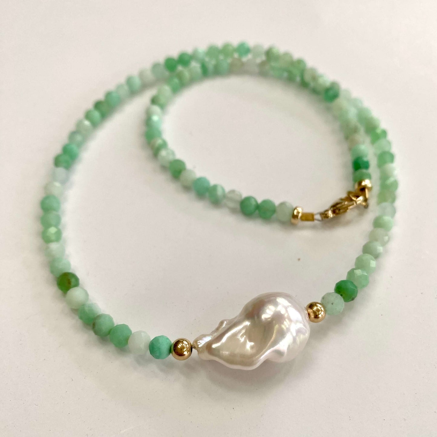 Chrysoprase Pearl Necklace with Baroque Pearl featuring green chrysoprase beads and a unique baroque pearl centerpiece.
