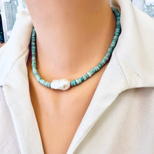 Load image into Gallery viewer, Fabulous greenish blue Amazonite faceted rondelle shape beads 5-6mm enhanced with a freshwater baroque pearl and finished with sterling silver marine closure. This necklace can make a perfect gift for March birthday ladies.
Measures 16,5"inches approx. 42cm