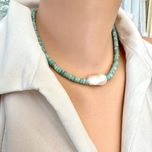 Load image into Gallery viewer, Fabulous greenish blue Amazonite faceted rondelle shape beads 5-6mm enhanced with a freshwater baroque pearl and finished with sterling silver marine closure. This necklace can make a perfect gift for March birthday ladies.
Measures 16,5"inches approx. 42cm