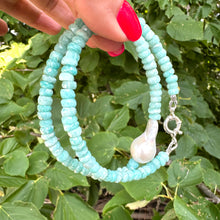 Load image into Gallery viewer, Fabulous greenish blue Amazonite faceted rondelle shape beads 5-6mm enhanced with a freshwater baroque pearl and finished with sterling silver marine closure. This necklace can make a perfect gift for March birthday ladies.
Measures 16,5"inches approx. 42cm