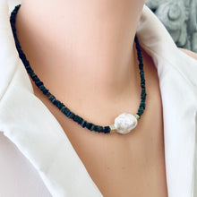 Load image into Gallery viewer, Black Ethiopian Opal and Baroque Pearl Necklace, Multi Fire Black Opal Heishi Square Beads, Gold Vermeil cube Accents adorning the centred  baroque pearl, 17"Inches long,October Birthstone gift for her