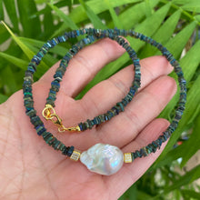 Load image into Gallery viewer, Black Ethiopian Opal and Baroque Pearl Necklace, Multi Fire Black Opal Heishi Square Beads, Gold Vermeil cube Accents adorning the centred  baroque pearl, 17"Inches long,October Birthstone gift for her