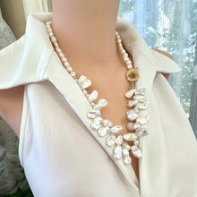 Load image into Gallery viewer, Asymmetrical White Keshi Pearls Necklace with Palm Leaf Toggle Clasp
