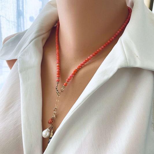 Pink Coral Necklace with a Tiny Starfish, Pearl & Shell Charm