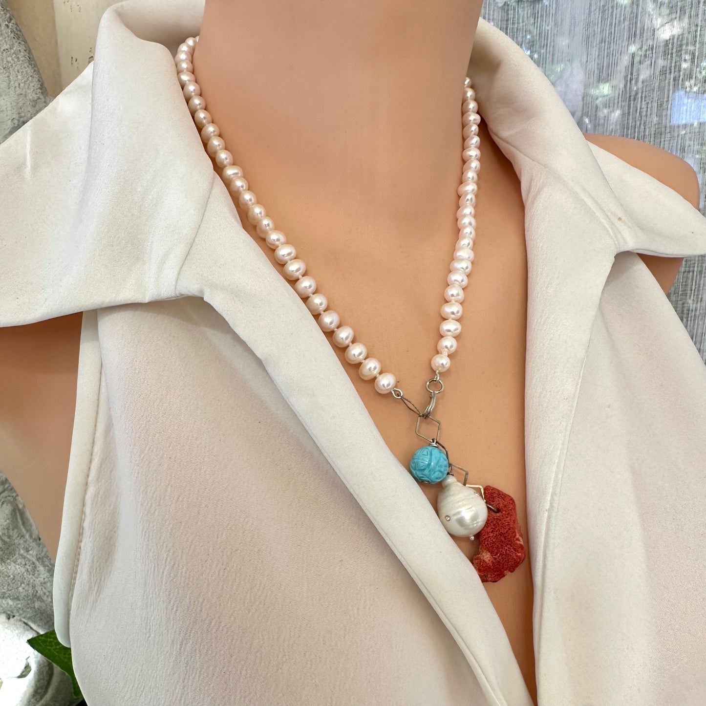 Pearl Necklace with Red Coral Pendant & Turquoise Charm