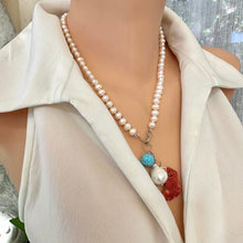 Lade das Bild in den Galerie-Viewer, Pearl Necklace with Red Coral Pendant & Turquoise Charm