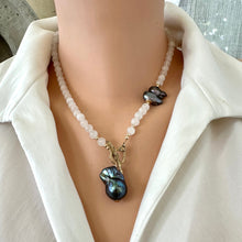 Load image into Gallery viewer, White moonstone bead necklace with 6mm beads, featuring a side black peacock pearl and a baroque pearl pendant, accented with a gold bronze artisan toggle and gold-filled details. This 18-inch necklace is an elegant June birthstone gift for her.