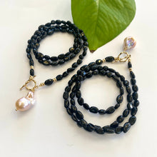 Load image into Gallery viewer, Black Tourmaline & Golden Pink Baroque Pearl Toggle Necklace