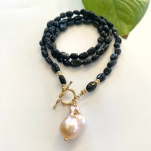Load image into Gallery viewer, Black Tourmaline & Golden Pink Baroque Pearl Toggle Necklace